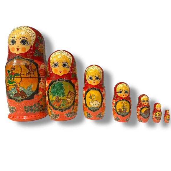 Vintage 7 pcs Hand Painted Matryoshka Fairy Tale Nesting Dolls Signed 1992 Red